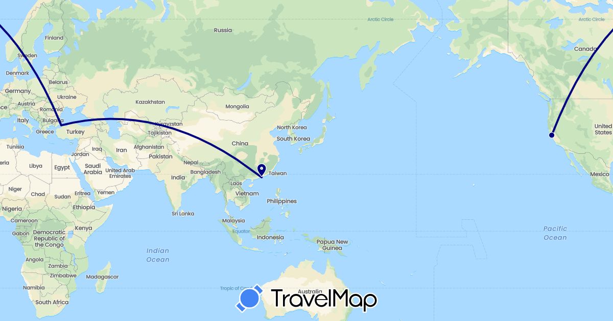 TravelMap itinerary: driving in China, Turkey, United States (Asia, North America)